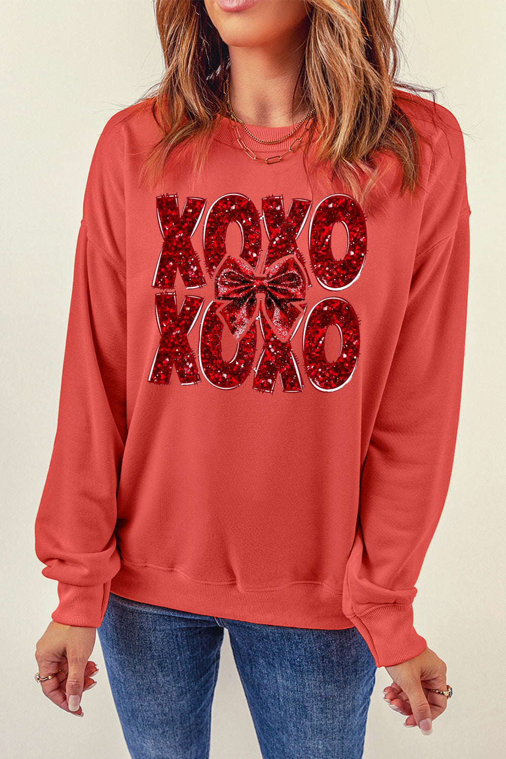 XOXO Bow Pattern Crew Neck Pullover for Valentine's Day