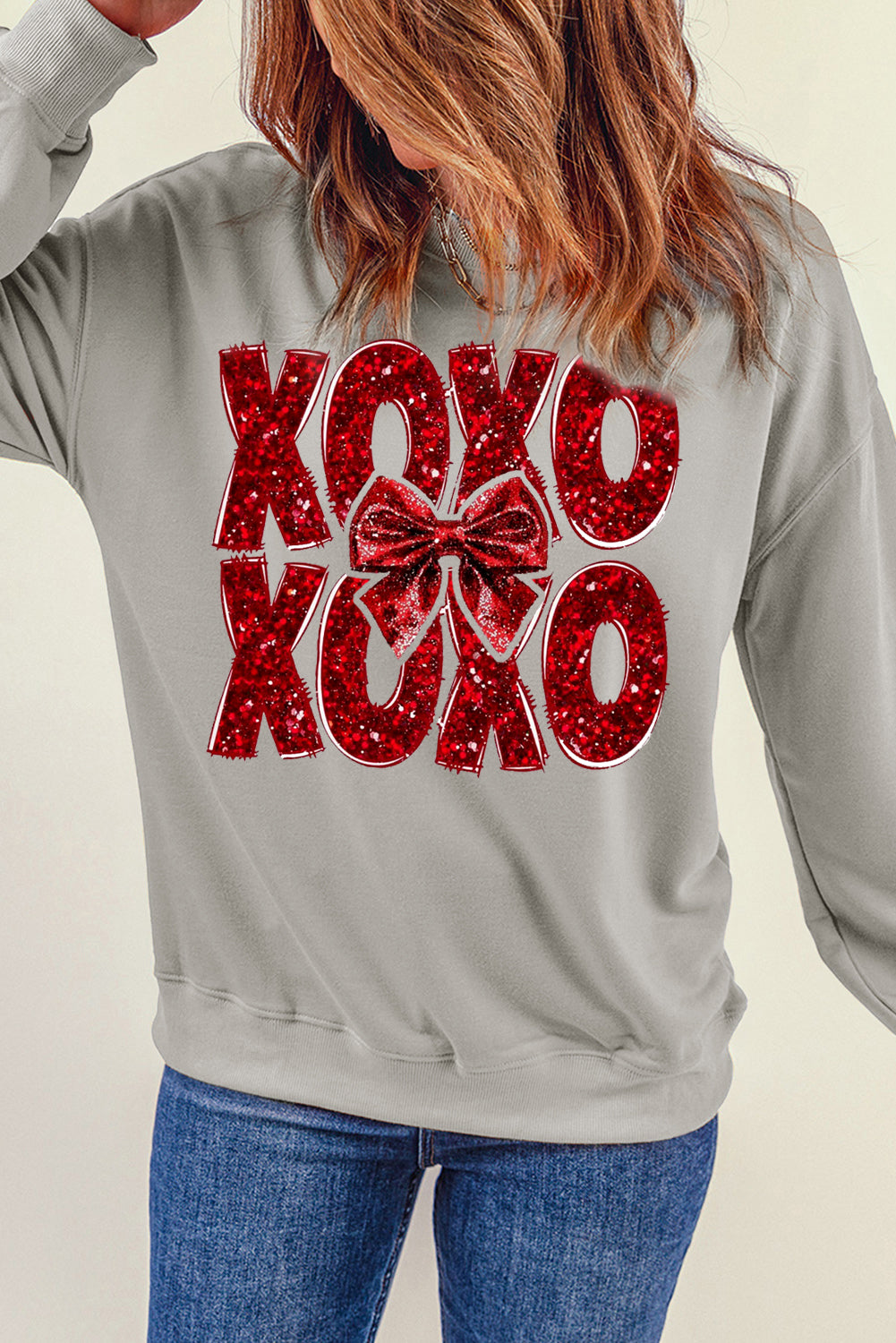 XOXO Bow Pattern Crew Neck Pullover for Valentine's Day