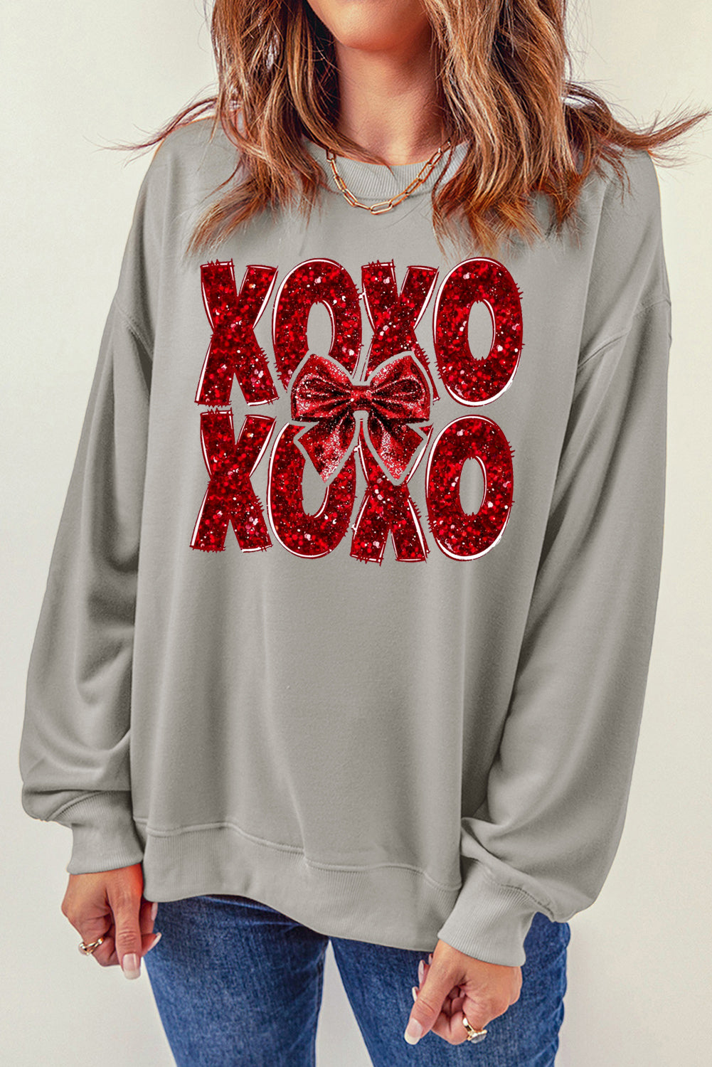 XOXO Bow Pattern Crew Neck Pullover for Valentine's Day