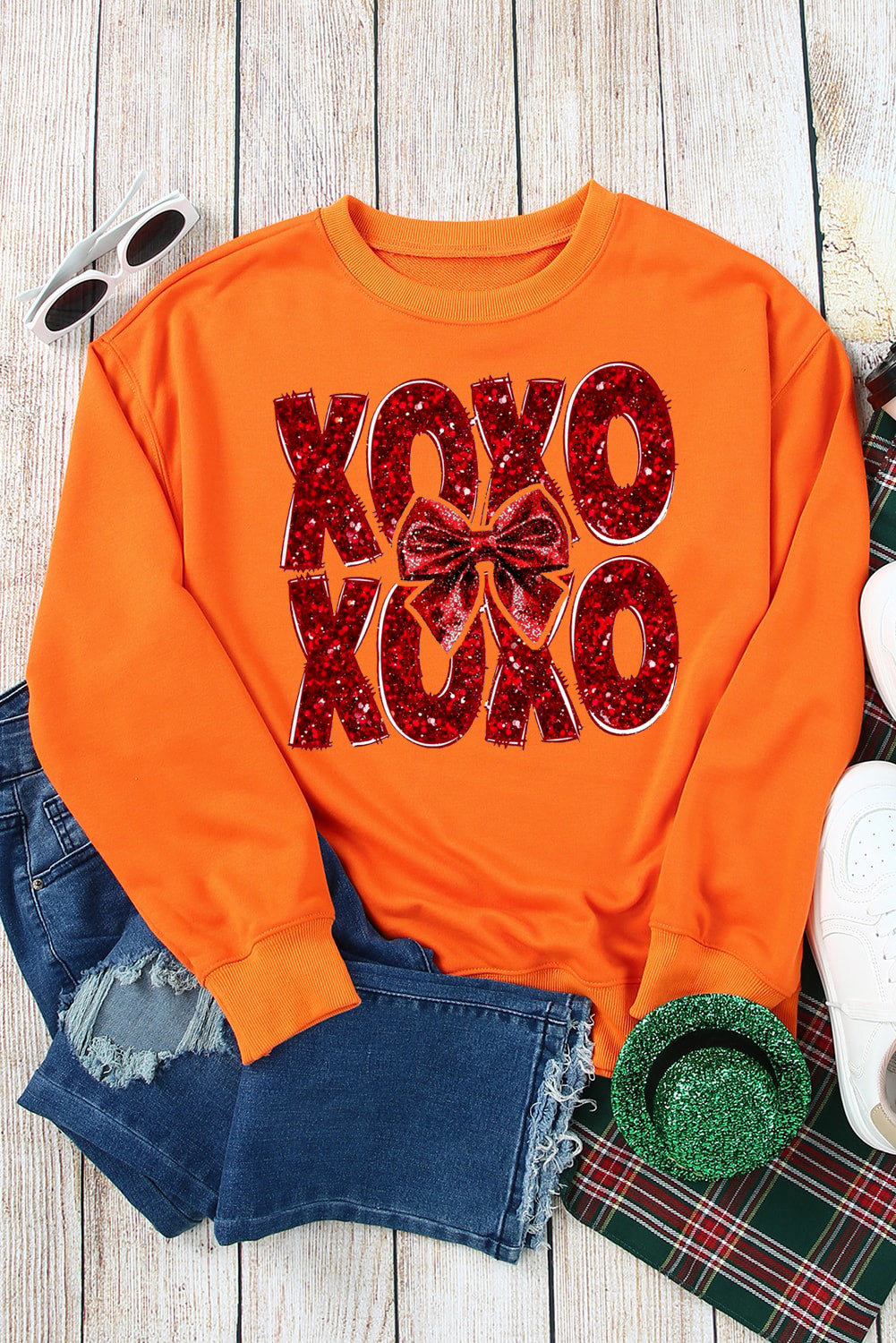 XOXO Bow Pattern Crew Neck Pullover for Valentine's Day