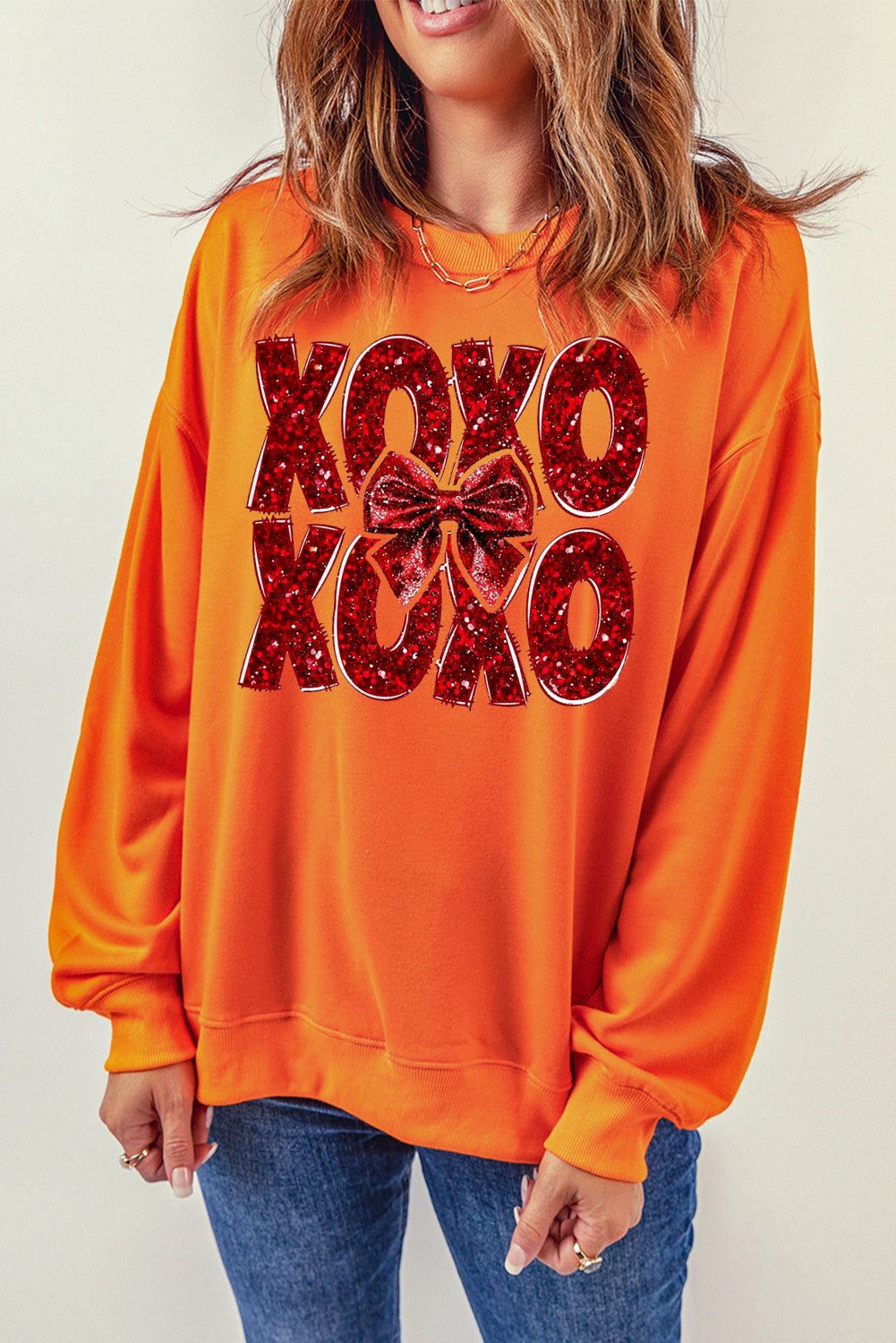 XOXO Bow Pattern Crew Neck Pullover for Valentine's Day