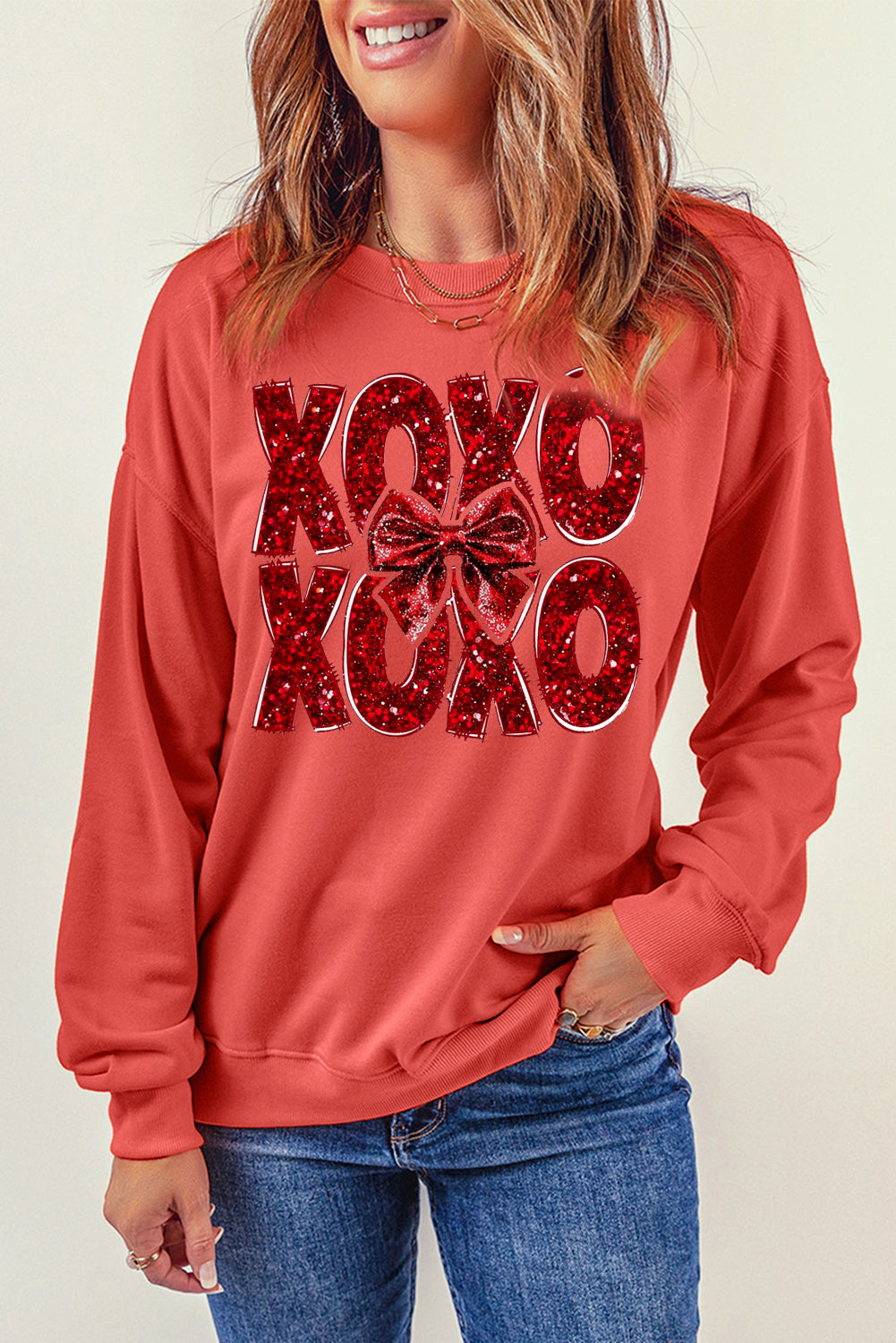 XOXO Bow Pattern Crew Neck Pullover for Valentine's Day