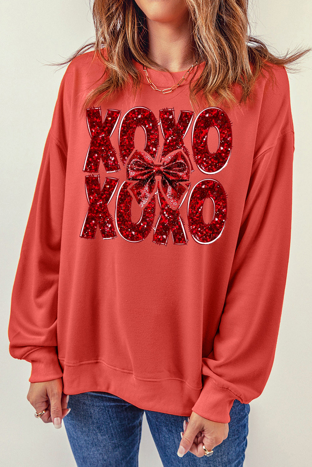 XOXO Bow Pattern Crew Neck Pullover for Valentine's Day