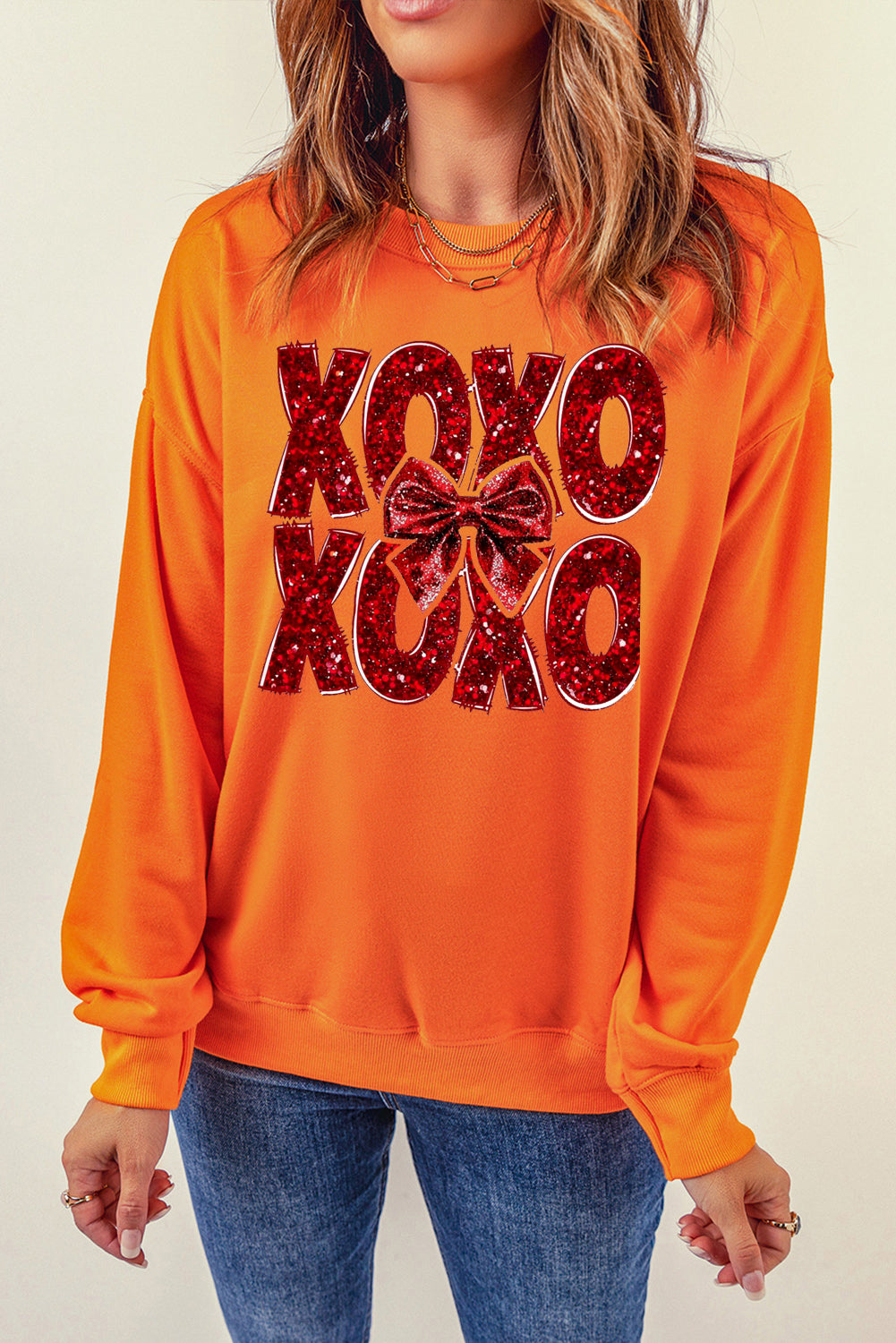 XOXO Bow Pattern Crew Neck Pullover for Valentine's Day