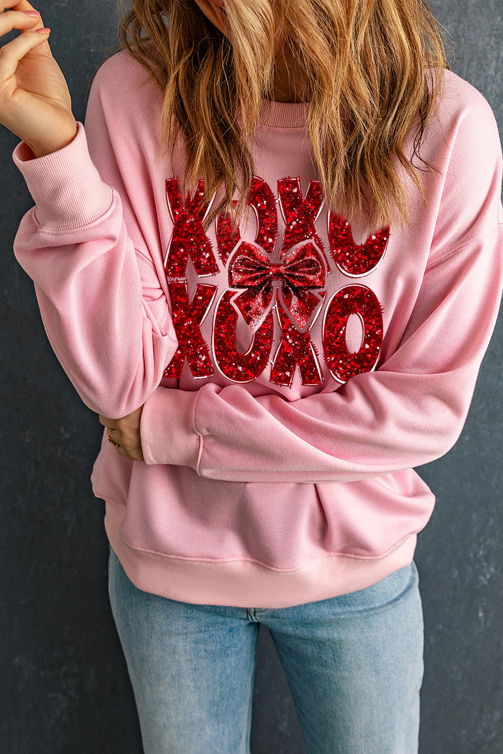 XOXO Bow Pattern Crew Neck Pullover for Valentine's Day