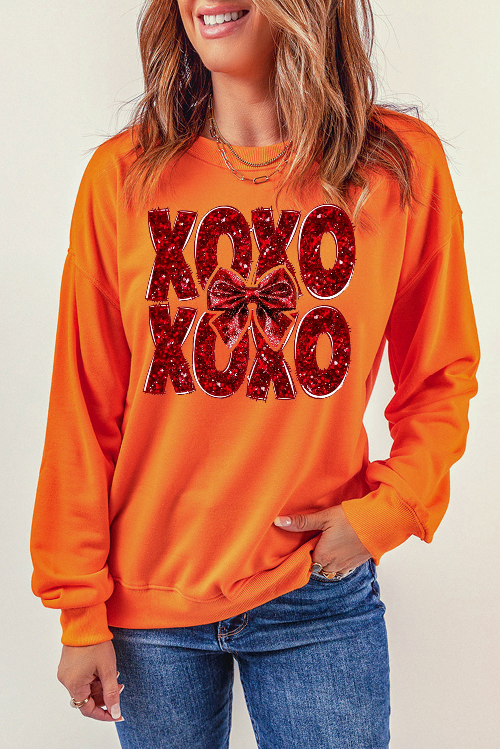 XOXO Bow Pattern Crew Neck Pullover for Valentine's Day