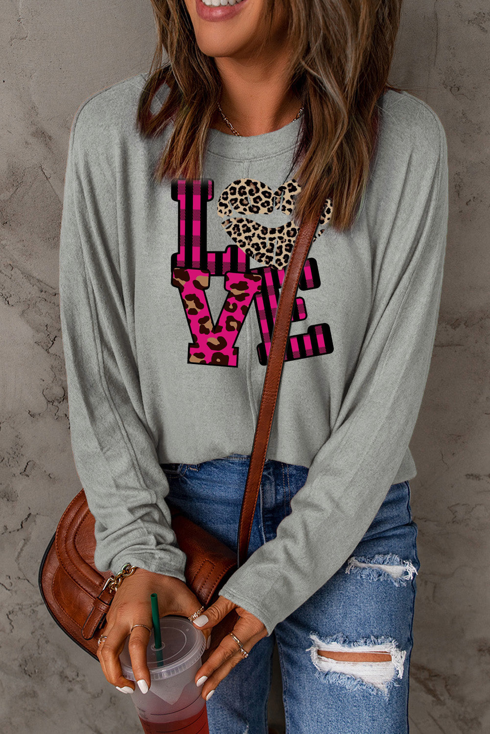 Leopard Print Patchwork Heart Lettering Long Sleeve Knit Top