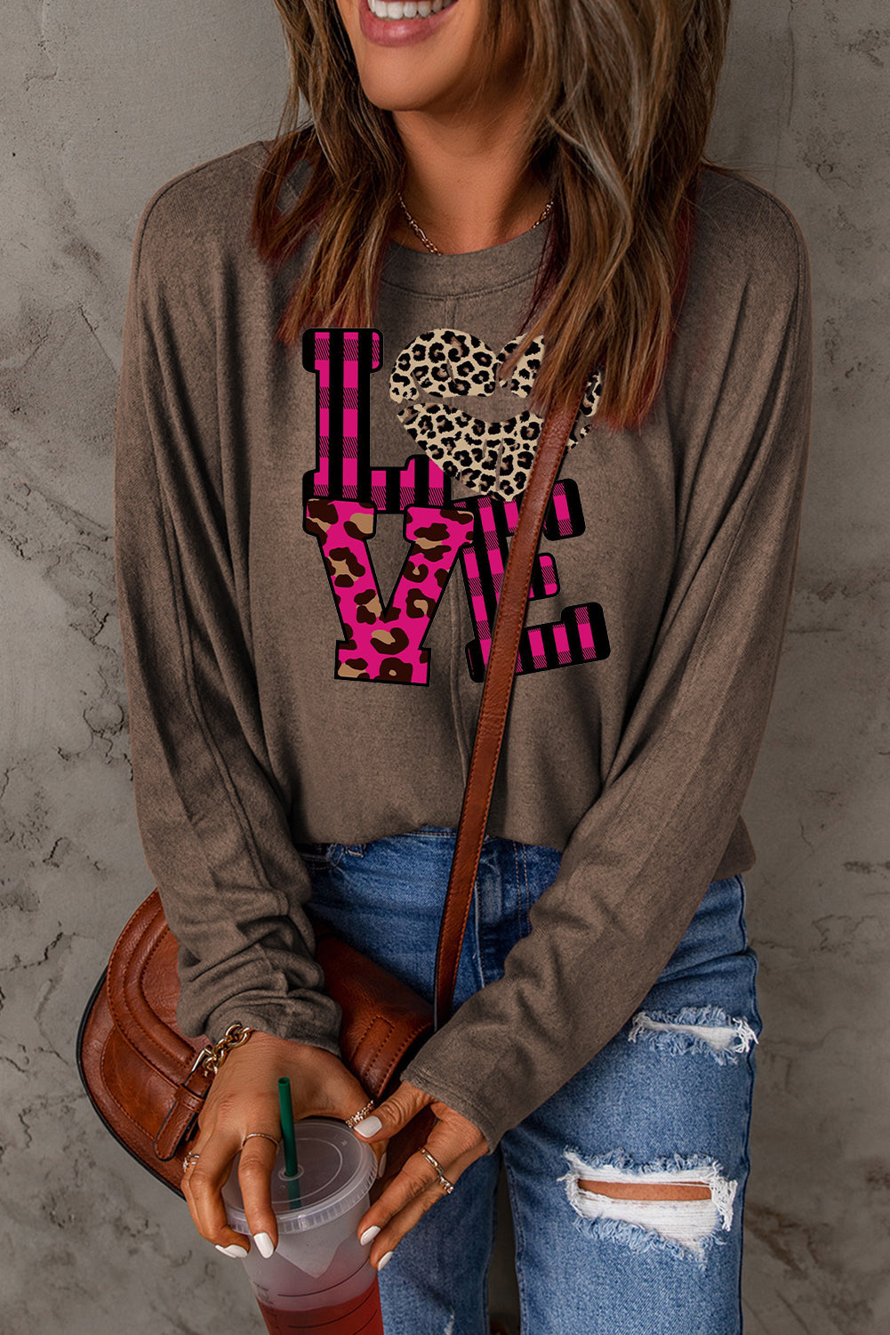 Leopard Print Patchwork Heart Lettering Long Sleeve Knit Top