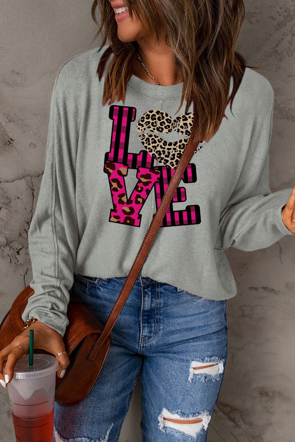 Leopard Print Patchwork Heart Lettering Long Sleeve Knit Top