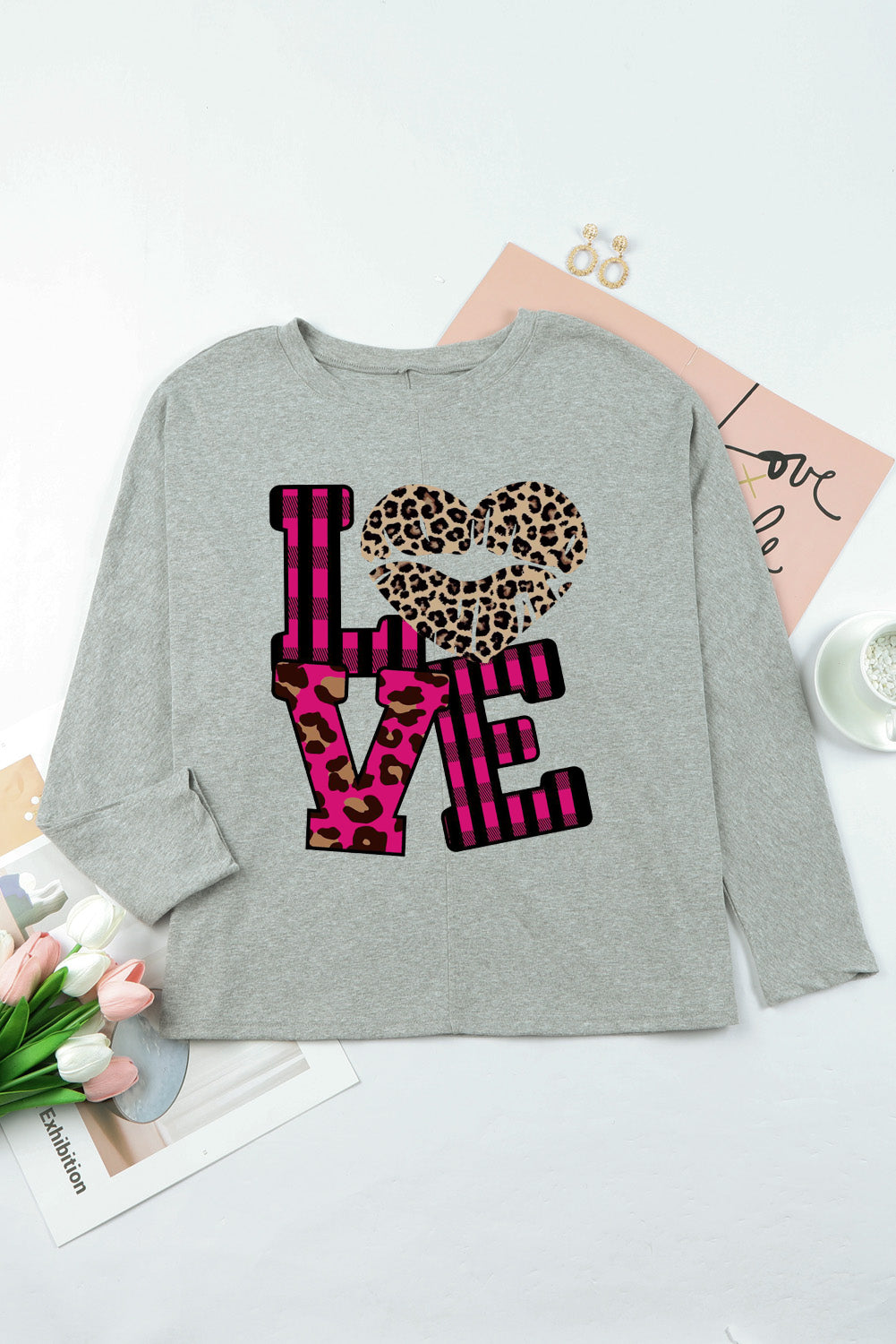 Leopard Print Patchwork Heart Lettering Long Sleeve Knit Top