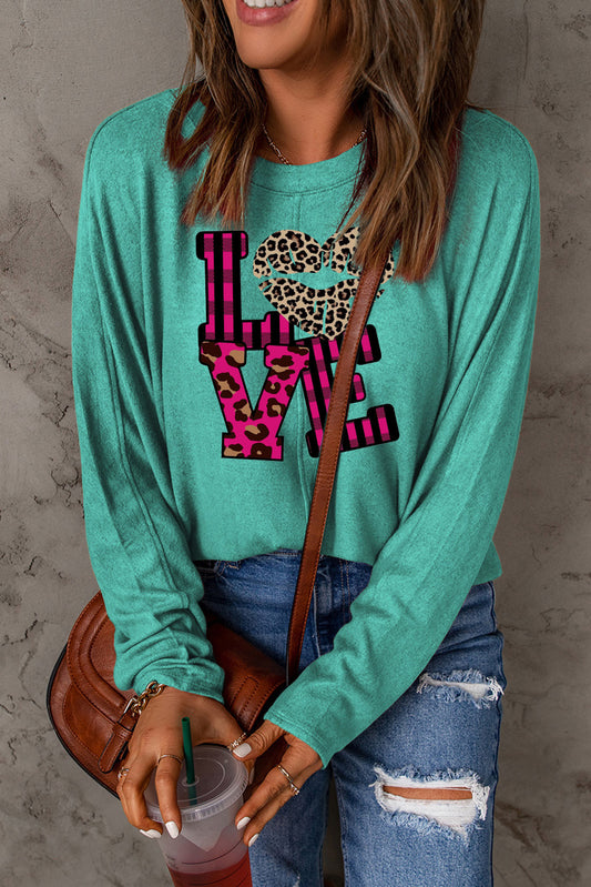 Leopard Print Patchwork Heart Lettering Long Sleeve Knit Top