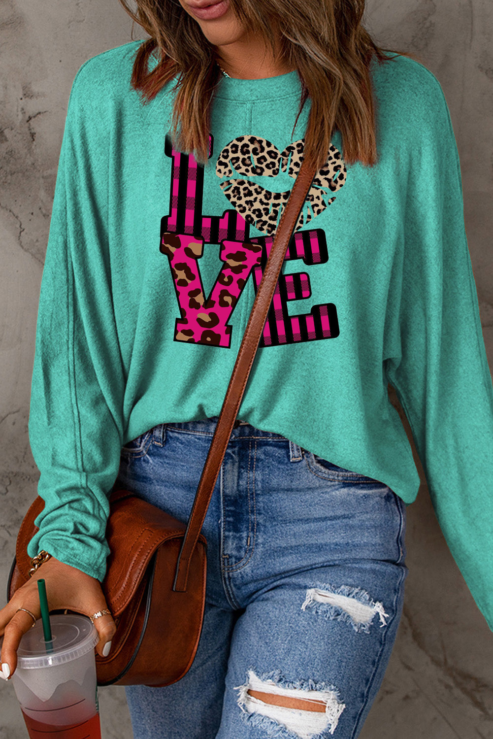 Leopard Print Patchwork Heart Lettering Long Sleeve Knit Top