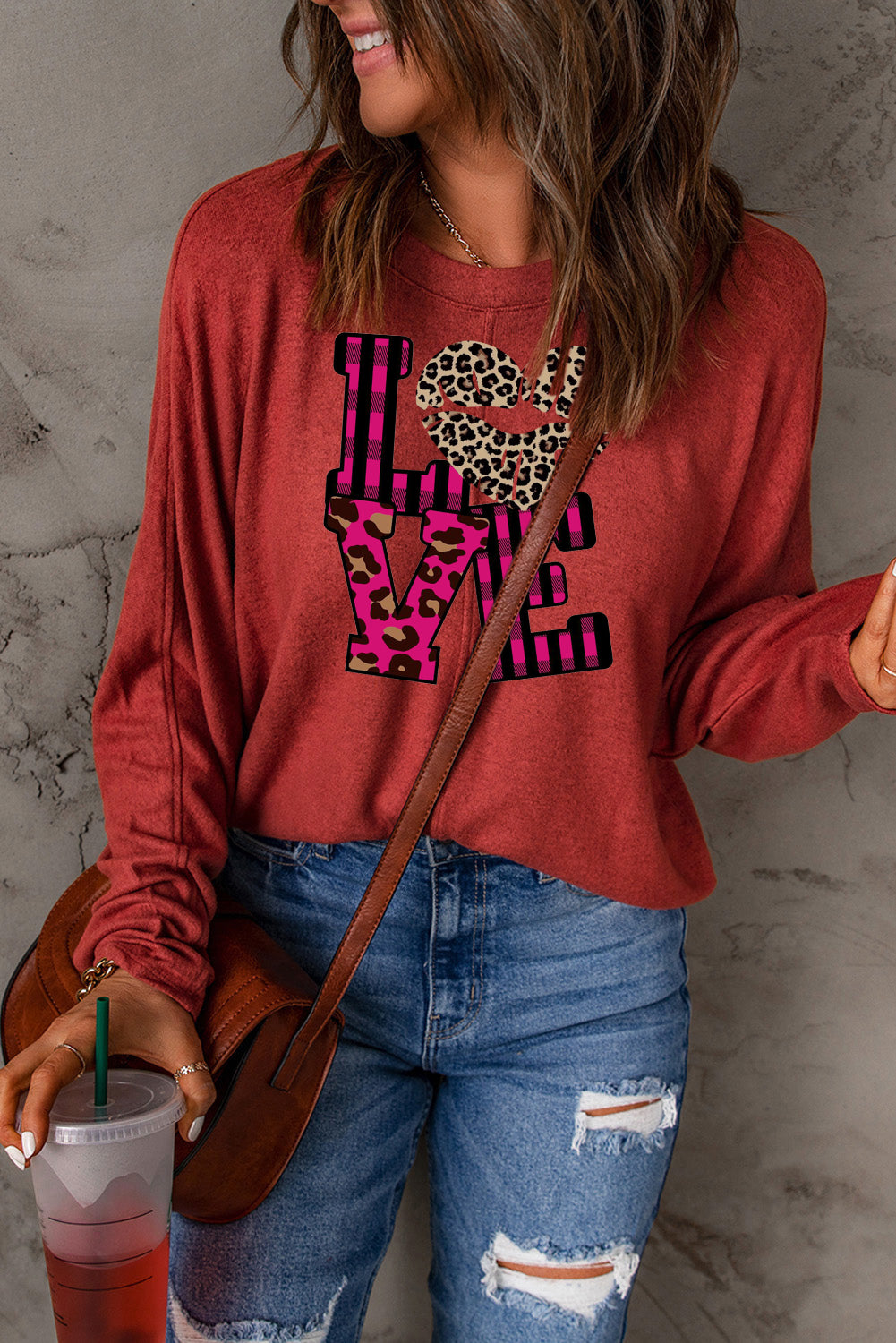 Leopard Print Patchwork Heart Lettering Long Sleeve Knit Top