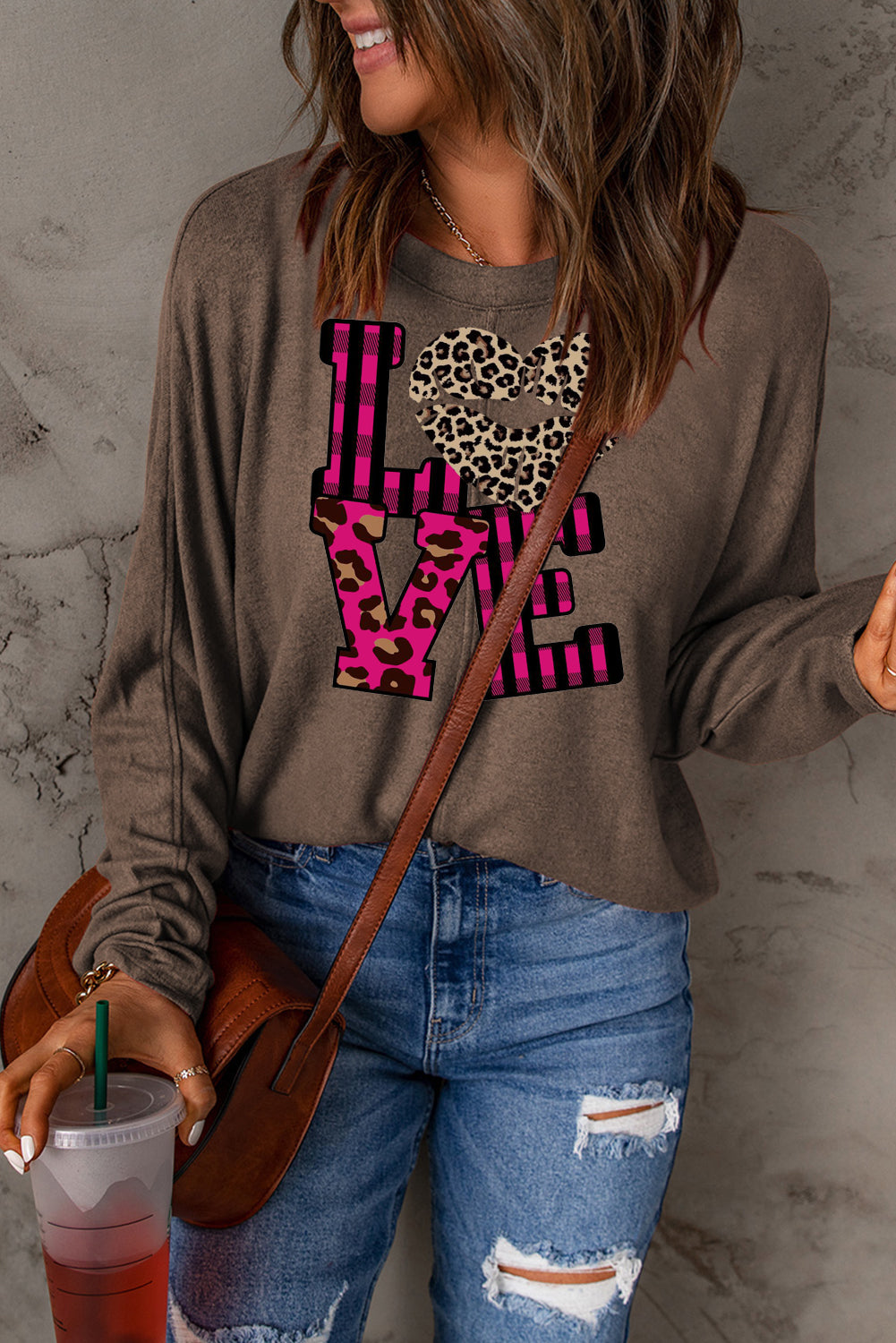 Leopard Print Patchwork Heart Lettering Long Sleeve Knit Top