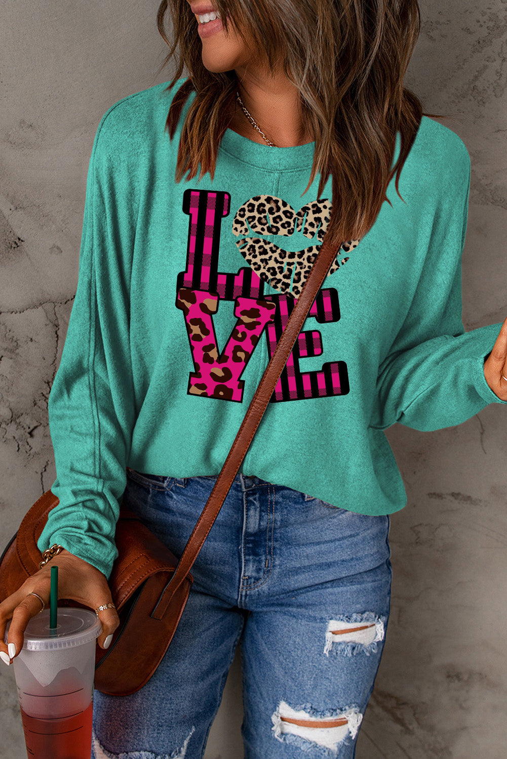 Leopard Print Patchwork Heart Lettering Long Sleeve Knit Top