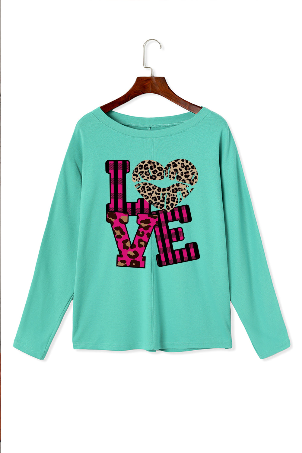 Leopard Print Patchwork Heart Lettering Long Sleeve Knit Top