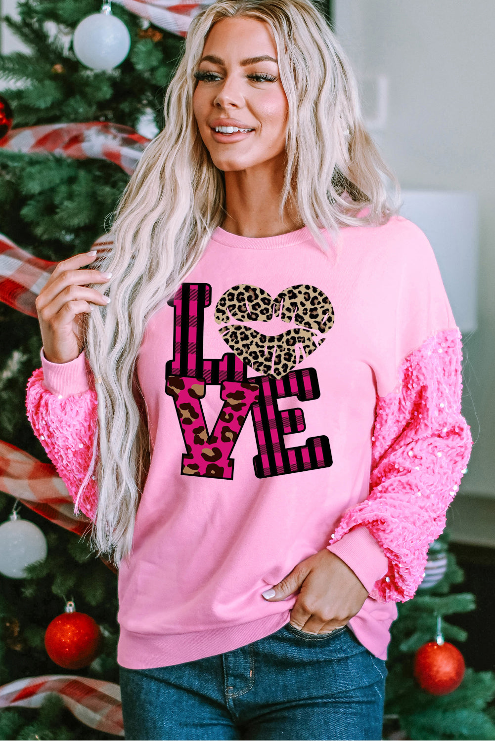 Leopard Print Patchwork Heart Lettering Long Sleeve Pullover Sweatshirt