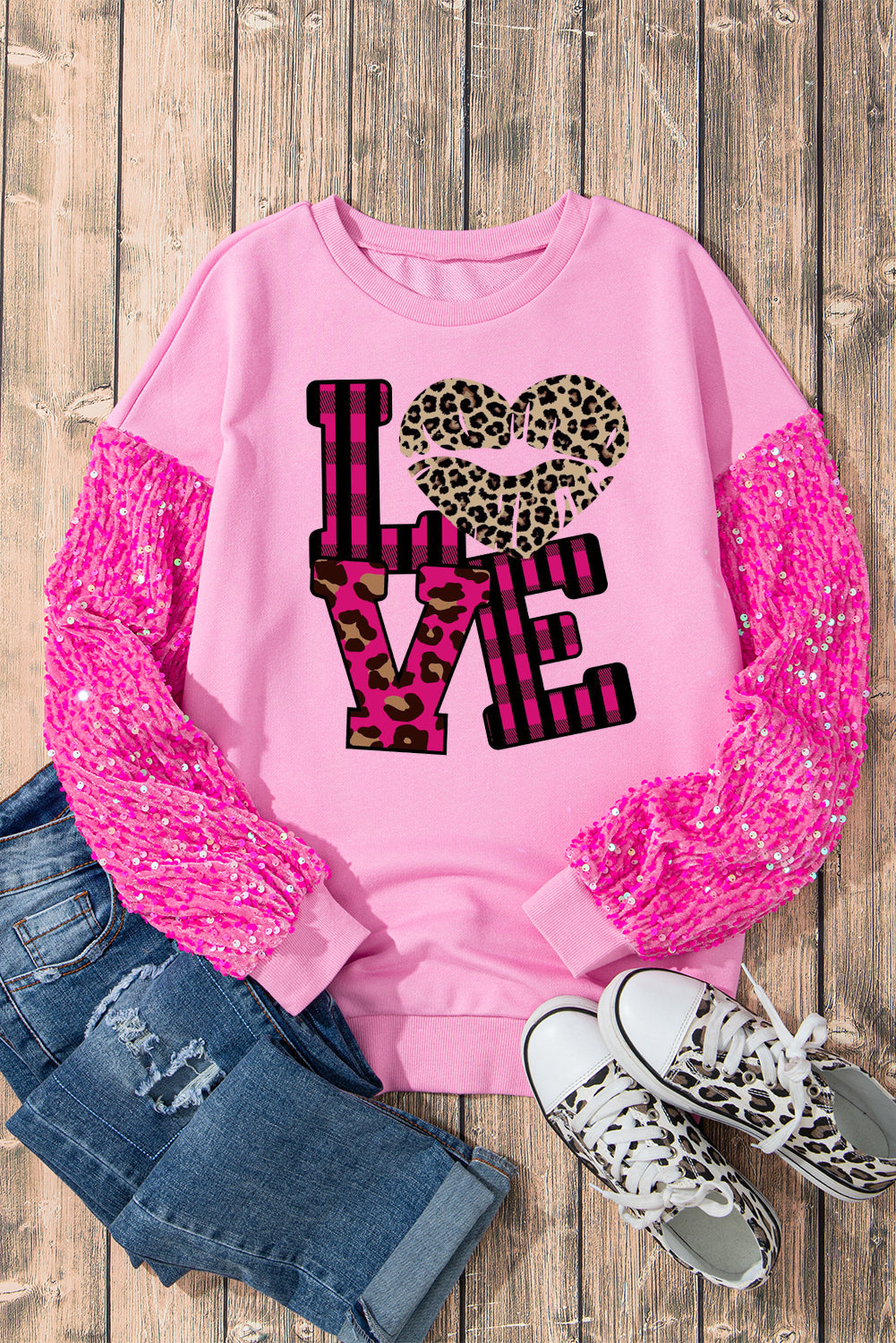 Leopard Print Patchwork Heart Lettering Long Sleeve Pullover Sweatshirt