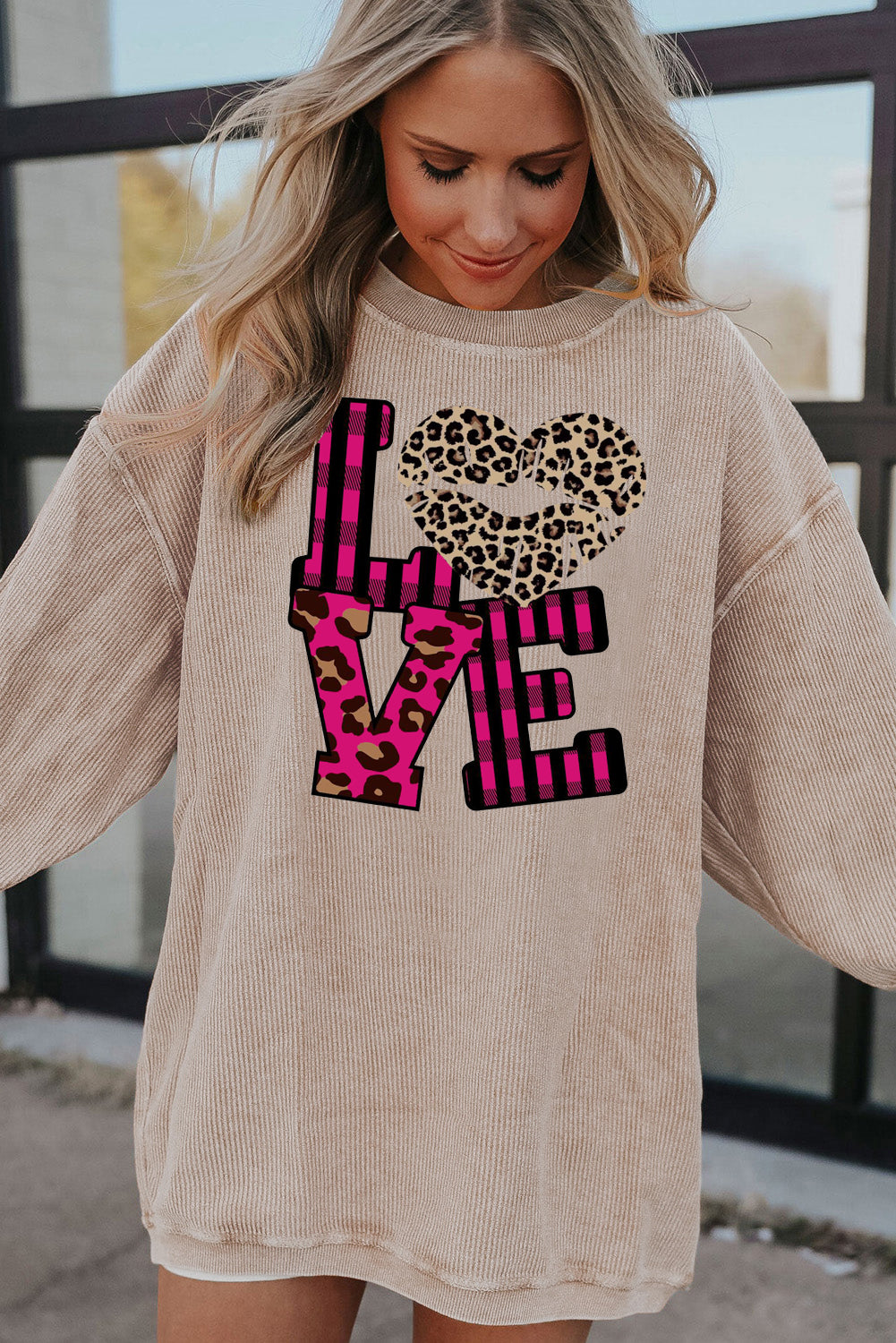 Leopard Print Patchwork Heart Lettering Ribbed Knit Neck Pullover Sweatshirt