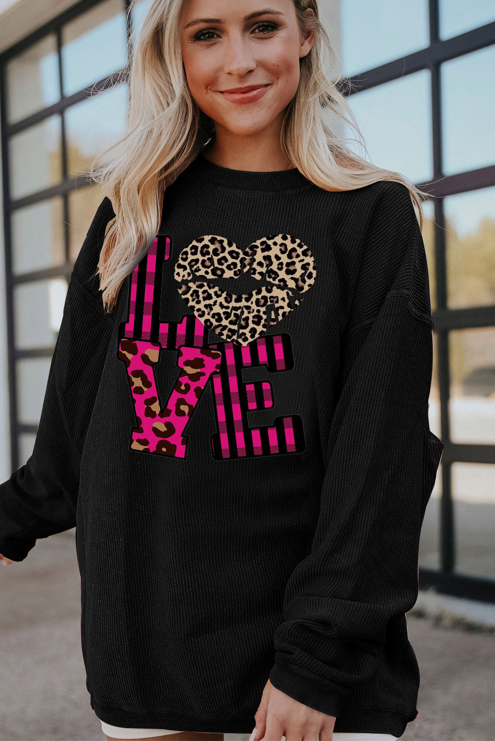 Leopard Print Patchwork Heart Lettering Ribbed Knit Neck Pullover Sweatshirt