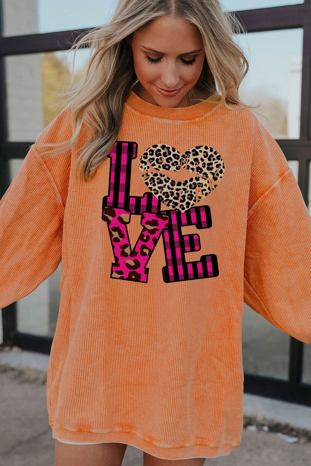 Leopard Print Patchwork Heart Lettering Ribbed Knit Neck Pullover Sweatshirt