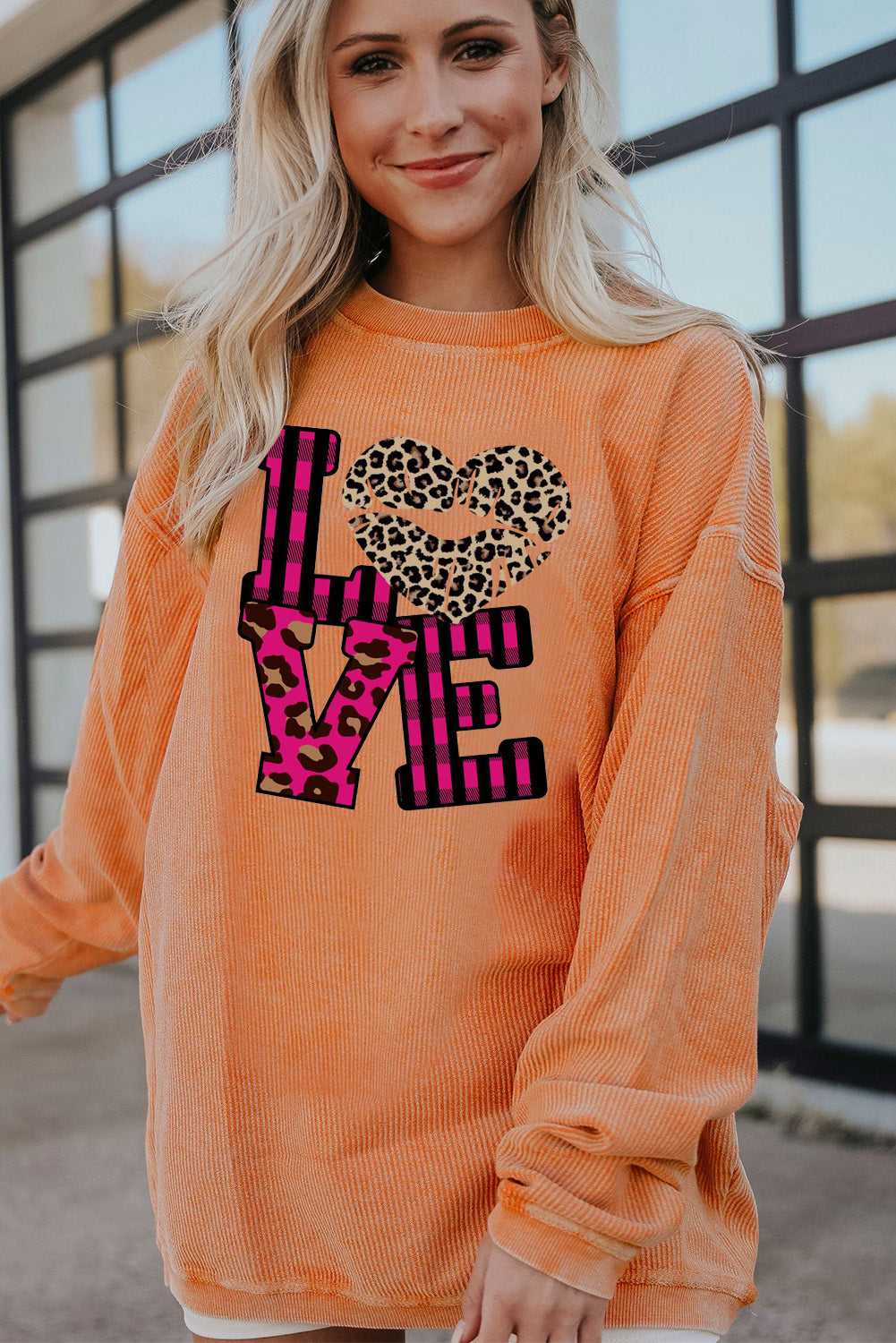 Leopard Print Patchwork Heart Lettering Ribbed Knit Neck Pullover Sweatshirt