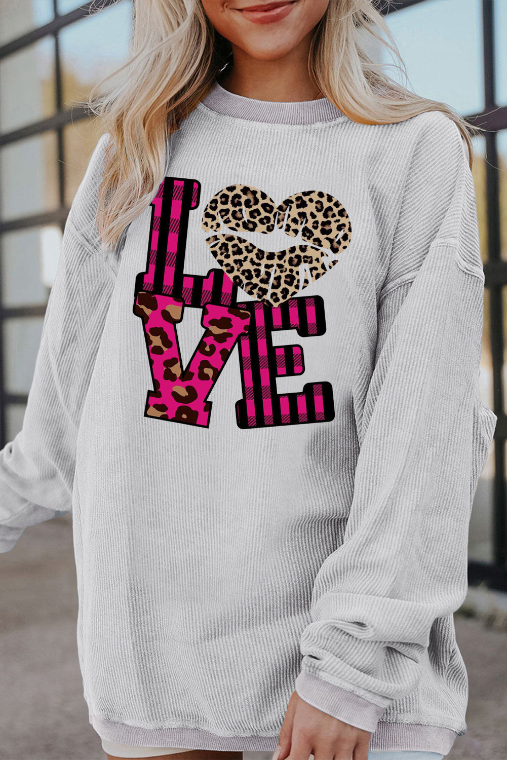 Leopard Print Patchwork Heart Lettering Ribbed Knit Neck Pullover Sweatshirt