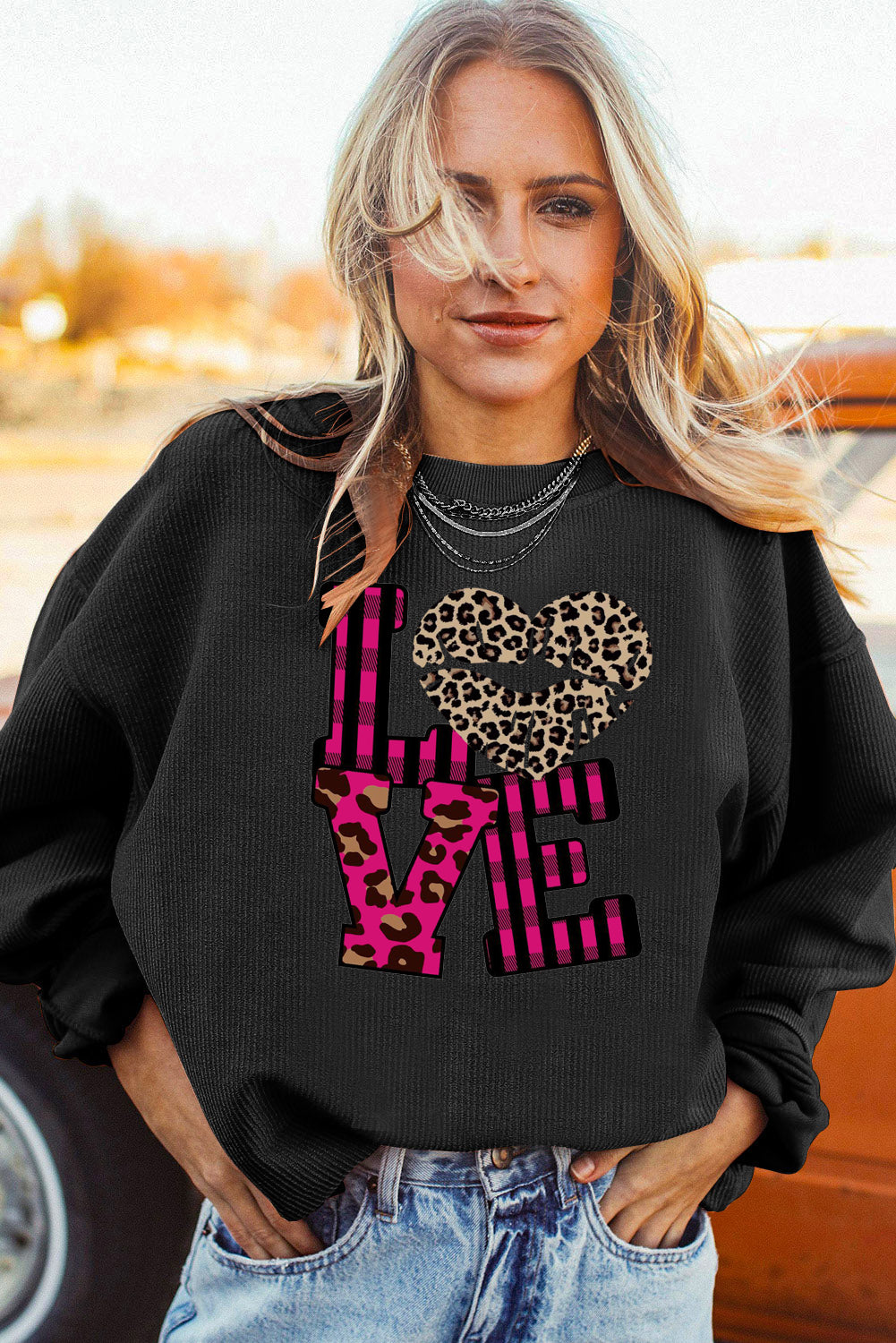 Leopard Print Patchwork Heart Lettering Ribbed Knit Neck Pullover Sweatshirt