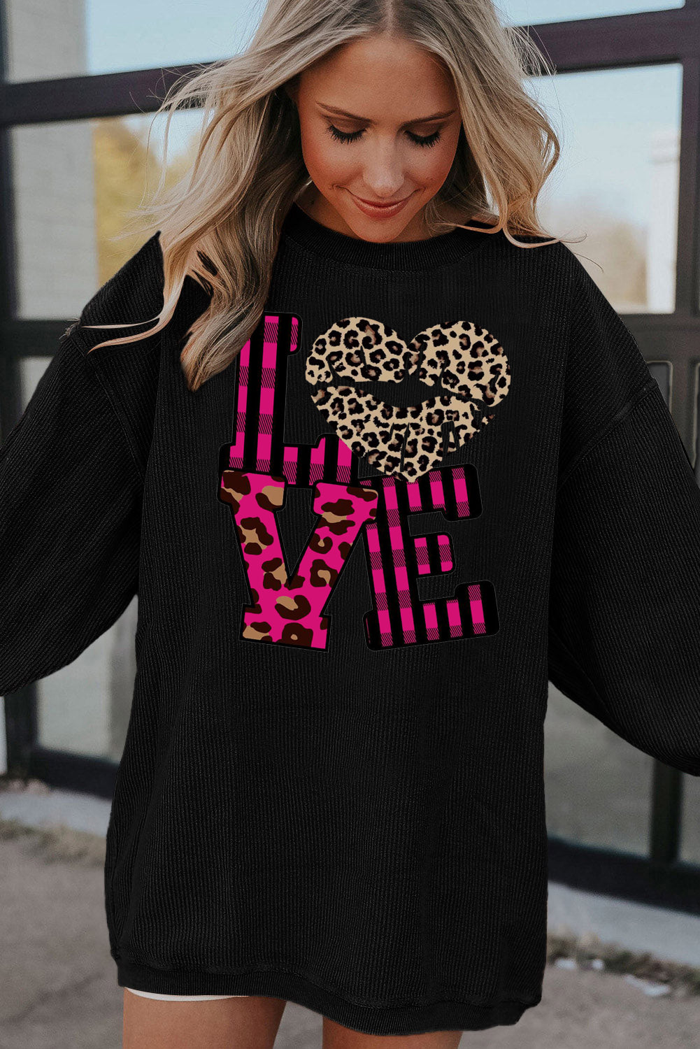 Leopard Print Patchwork Heart Lettering Ribbed Knit Neck Pullover Sweatshirt