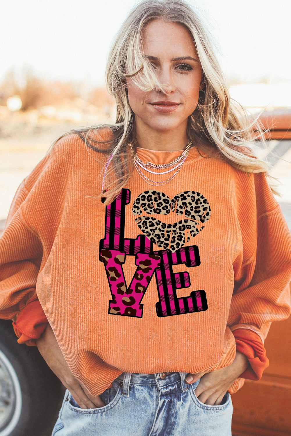 Leopard Print Patchwork Heart Lettering Ribbed Knit Neck Pullover Sweatshirt