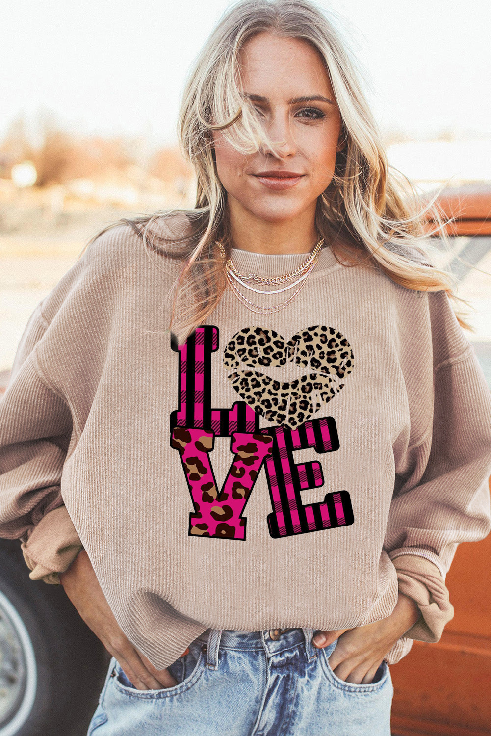 Leopard Print Patchwork Heart Lettering Ribbed Knit Neck Pullover Sweatshirt