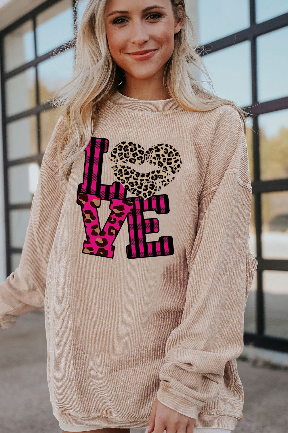 Leopard Print Patchwork Heart Lettering Ribbed Knit Neck Pullover Sweatshirt