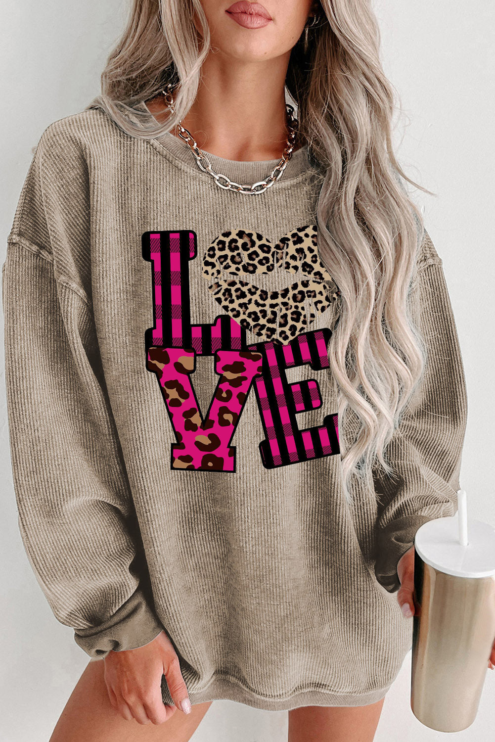 Leopard Print Patchwork Heart Lettering Crew Neck Knit Sweatshirt