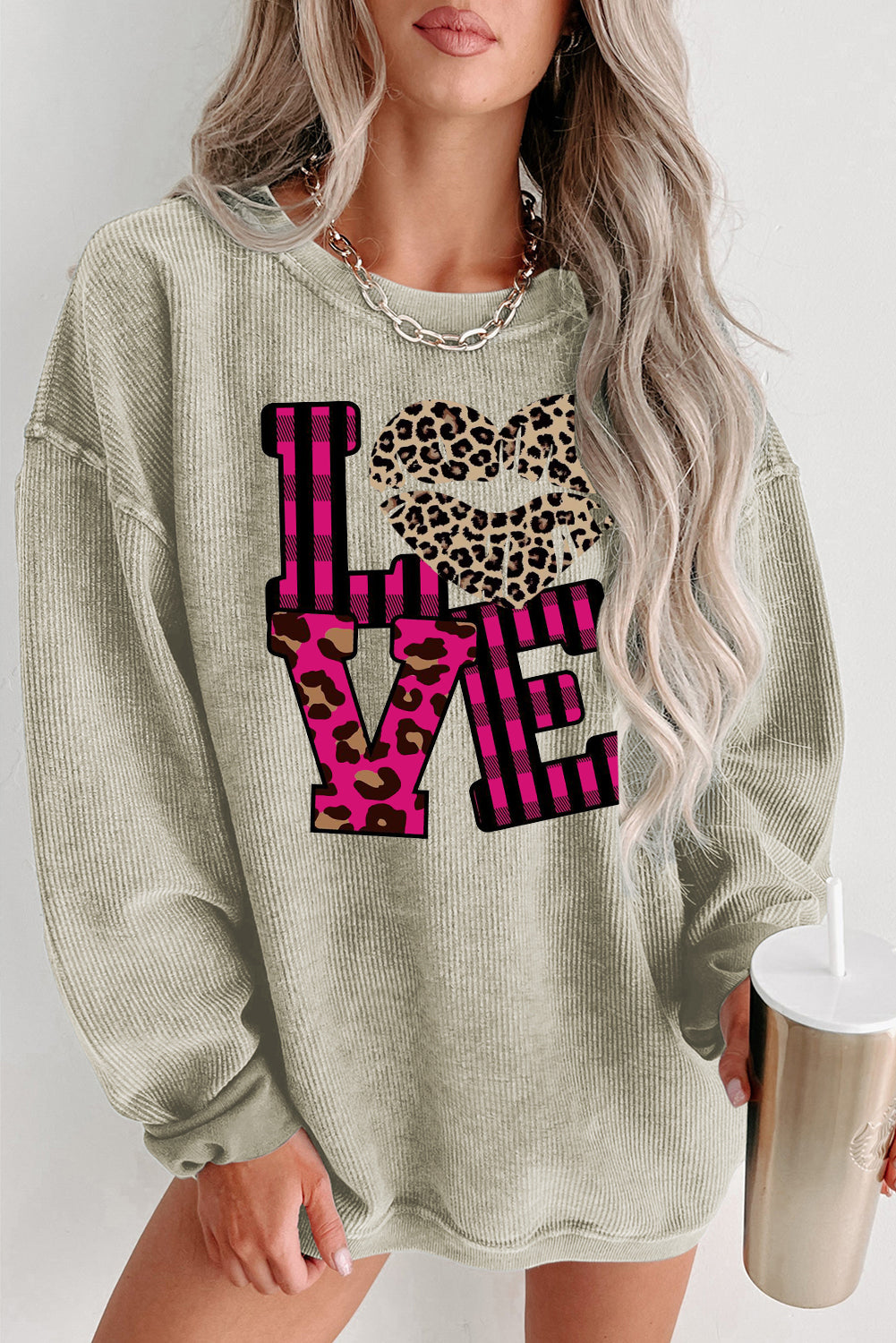 Leopard Print Patchwork Heart Lettering Crew Neck Knit Sweatshirt