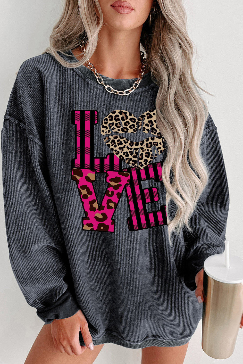 Leopard Print Patchwork Heart Lettering Crew Neck Knit Sweatshirt