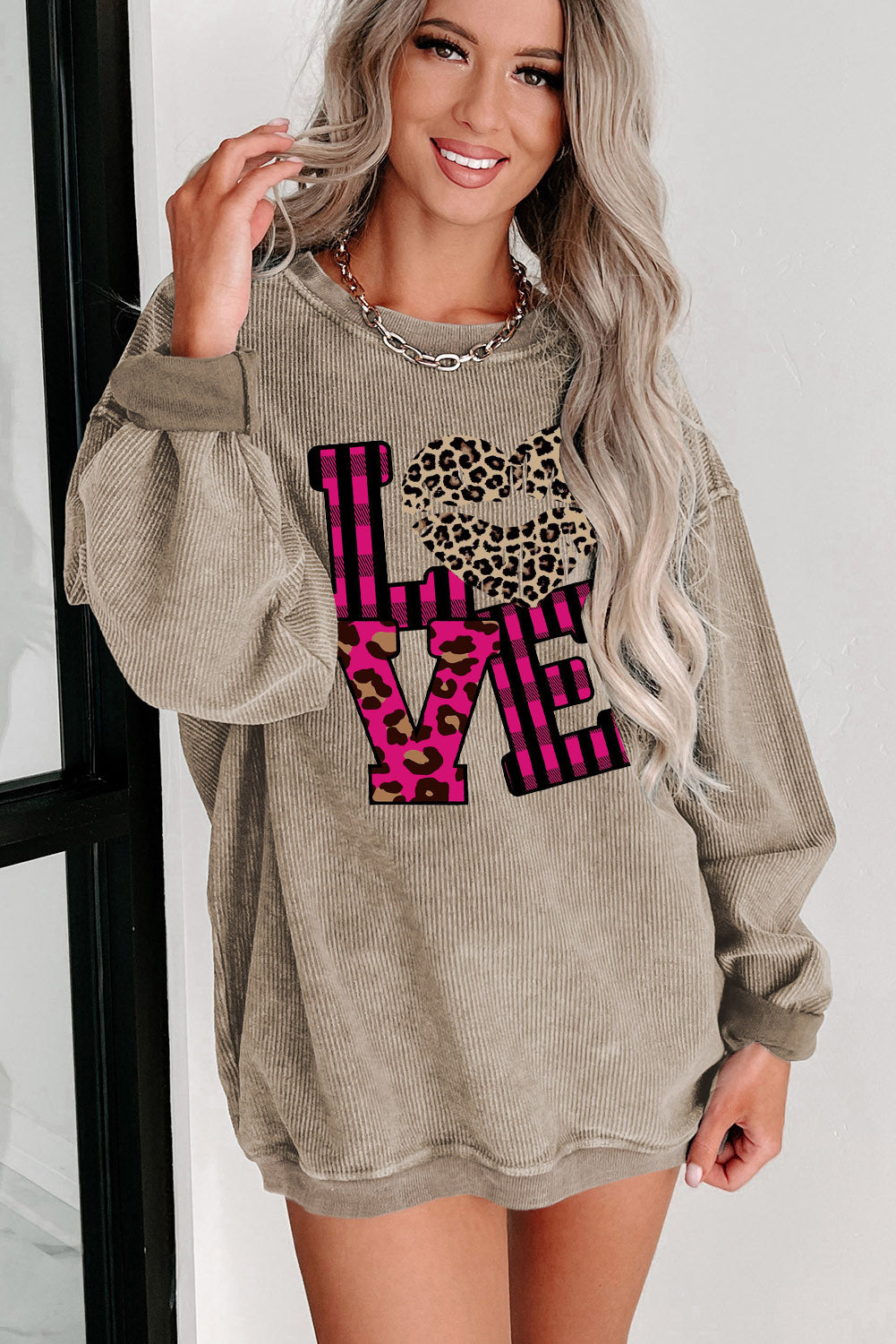 Leopard Print Patchwork Heart Lettering Crew Neck Knit Sweatshirt