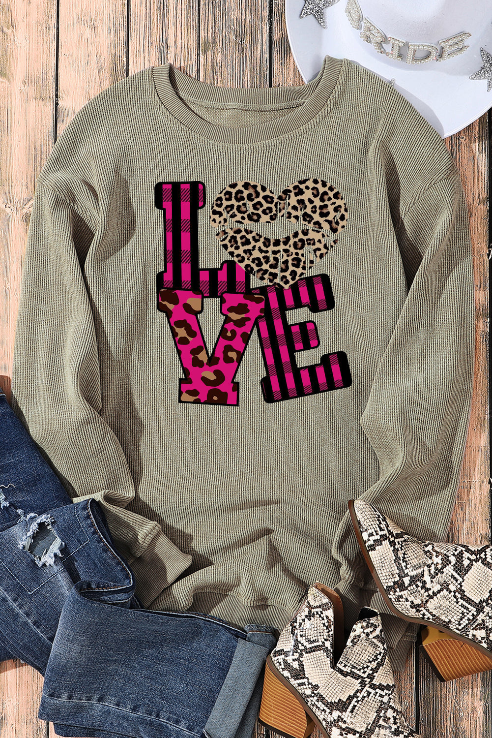 Leopard Print Patchwork Heart Lettering Crew Neck Knit Sweatshirt