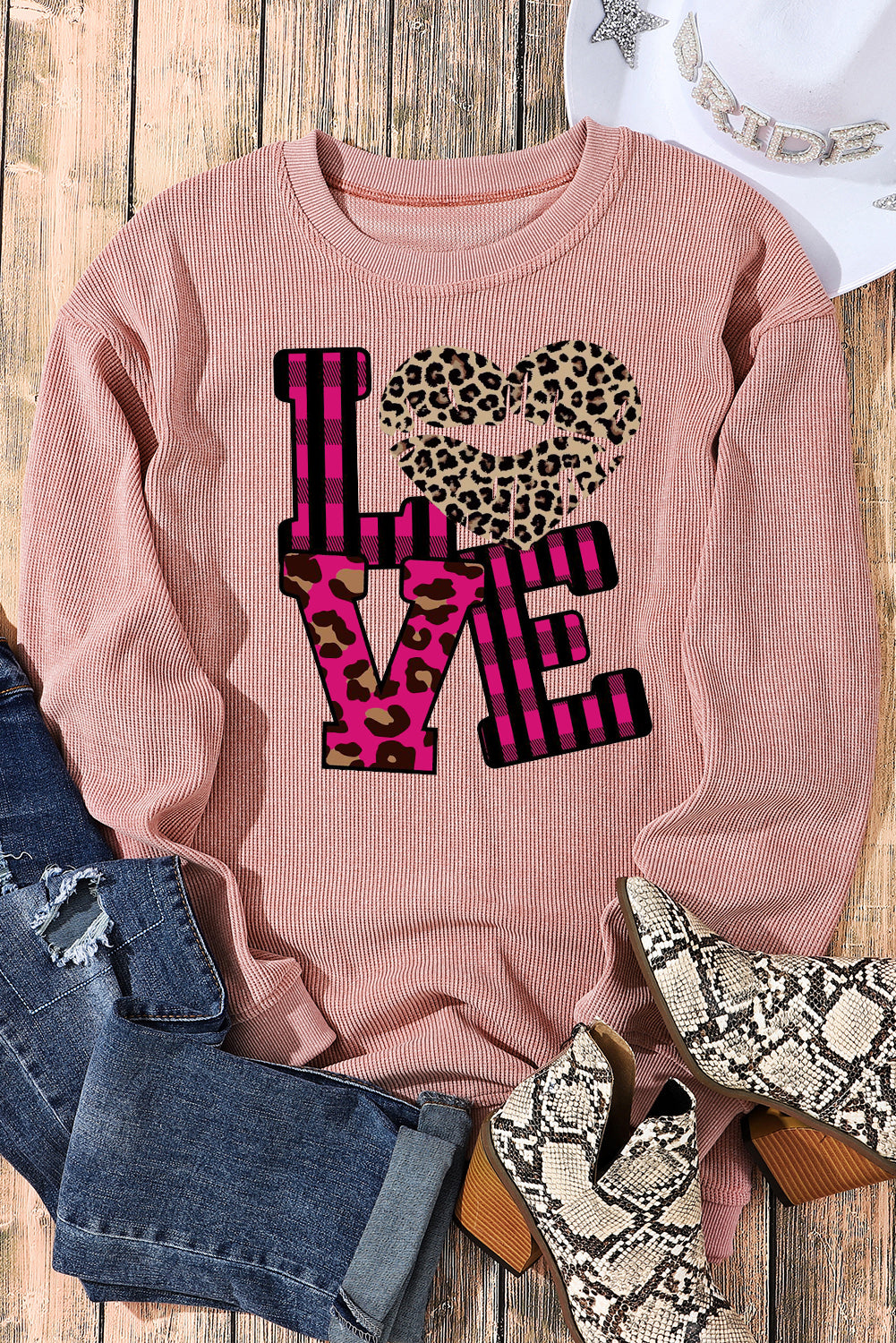 Leopard Print Patchwork Heart Lettering Crew Neck Knit Sweatshirt