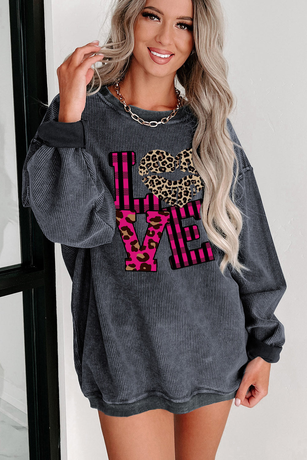 Leopard Print Patchwork Heart Lettering Crew Neck Knit Sweatshirt