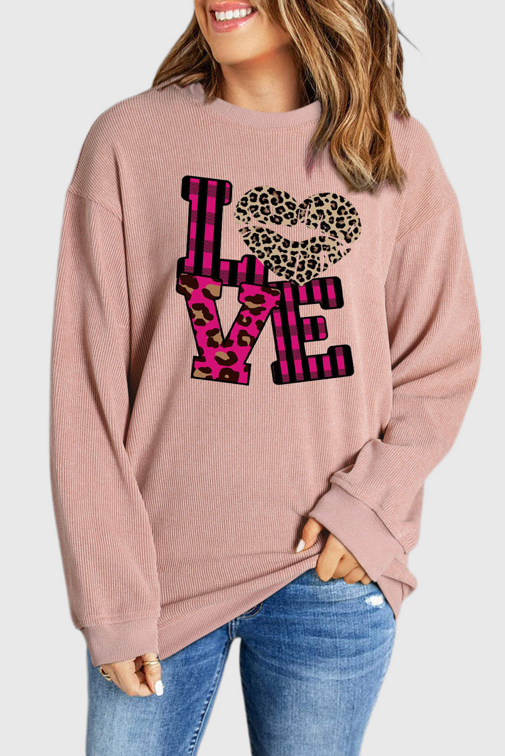 Leopard Print Patchwork Heart Lettering Crew Neck Knit Sweatshirt