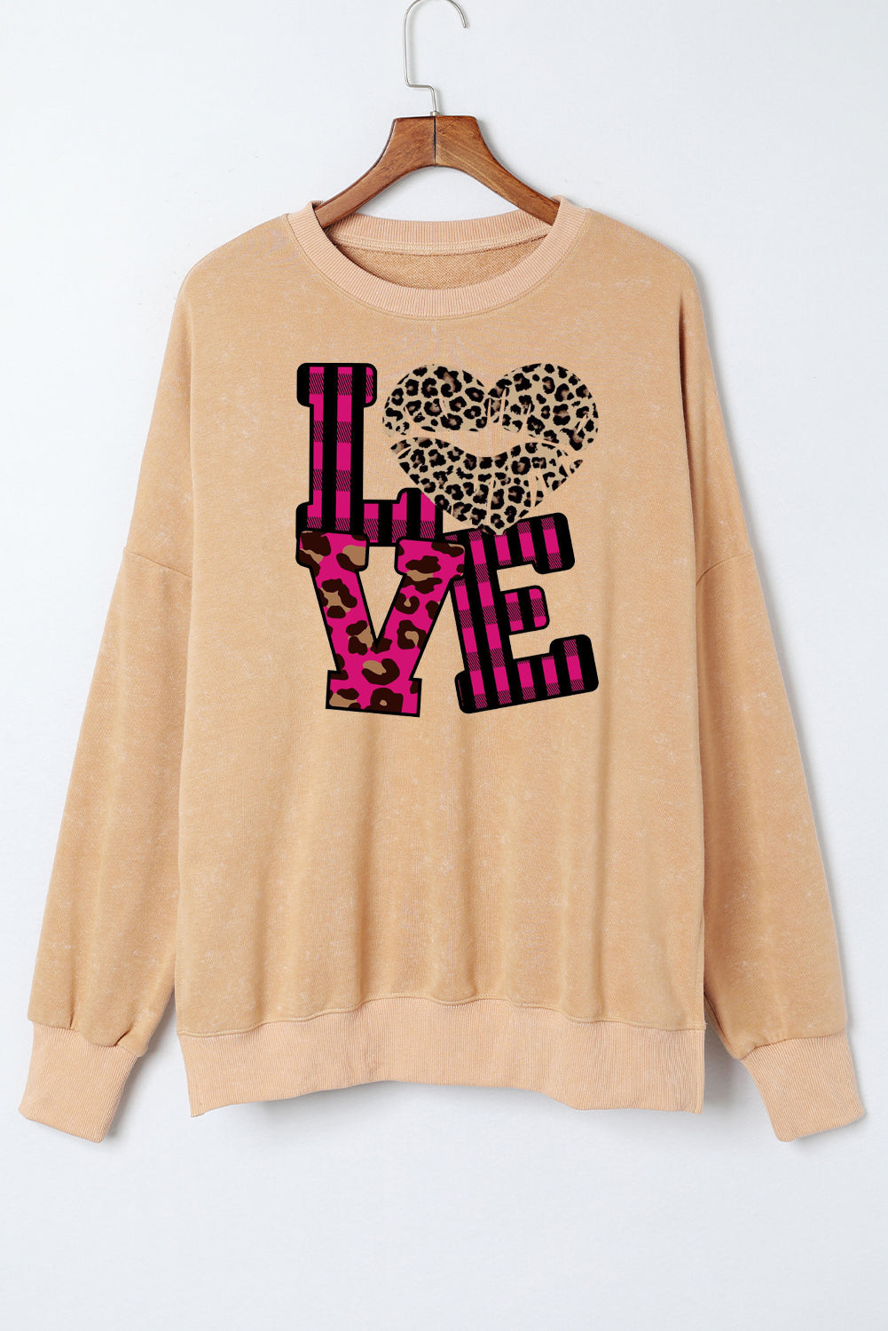 Leopard Print Patchwork Heart Lettering Drop Shoulder Ribbed Sweatshirt