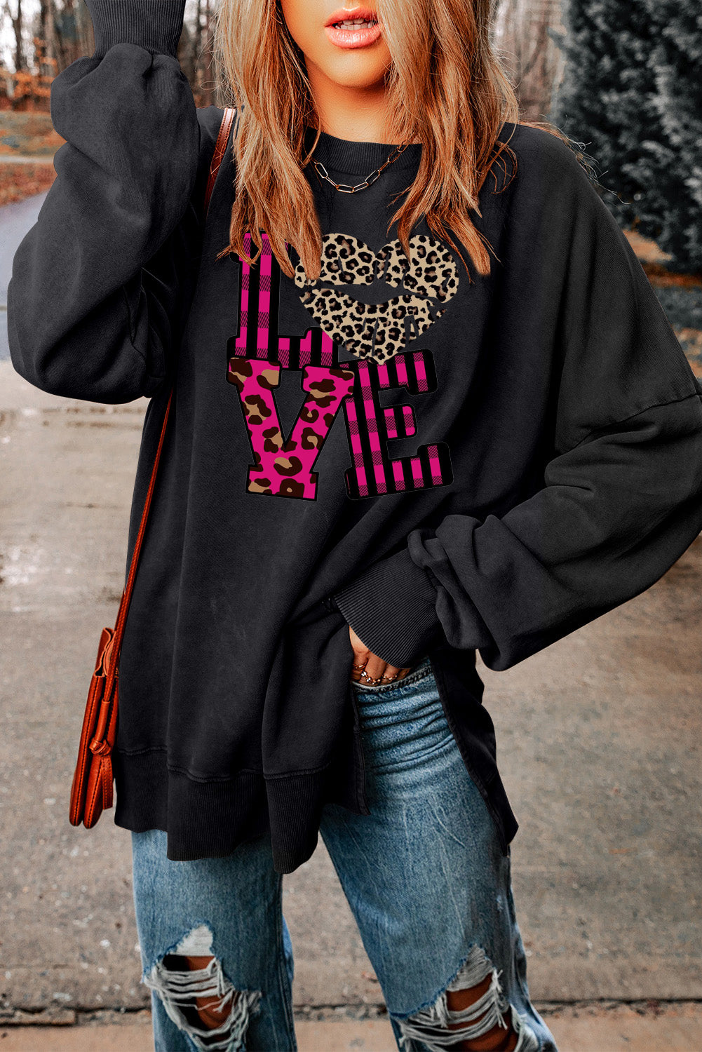 Leopard Print Patchwork Heart Lettering Drop Shoulder Ribbed Sweatshirt