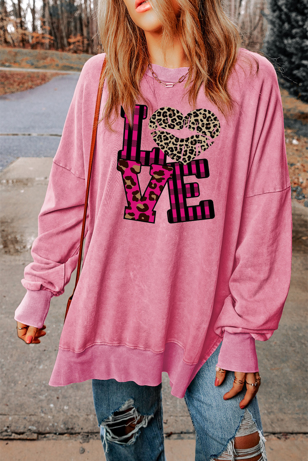 Leopard Print Patchwork Heart Lettering Drop Shoulder Ribbed Sweatshirt