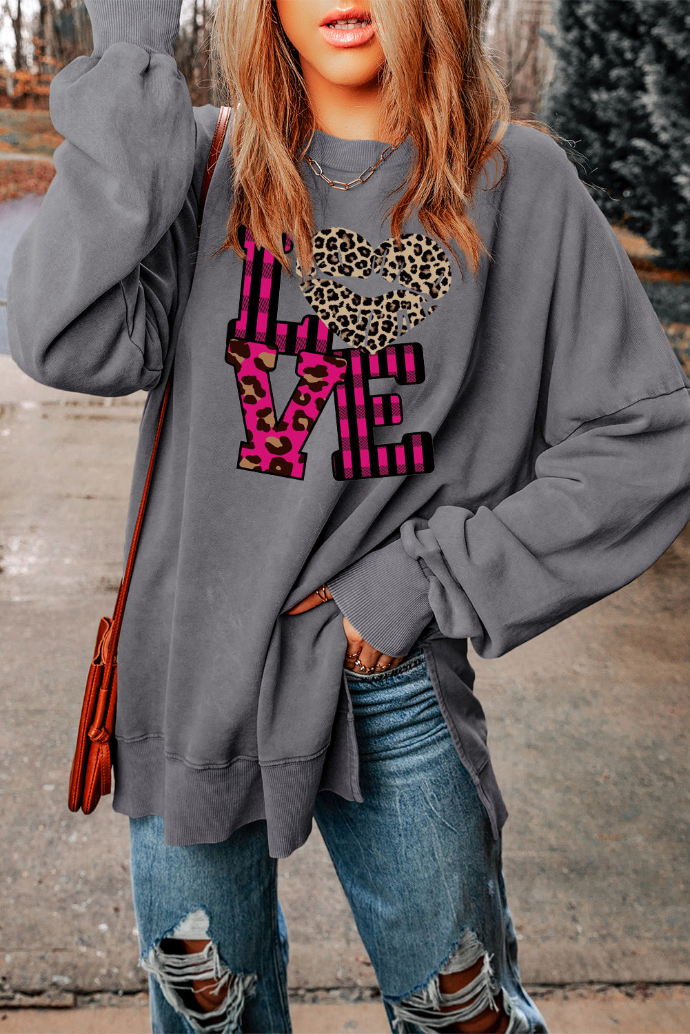 Leopard Print Patchwork Heart Lettering Drop Shoulder Ribbed Sweatshirt