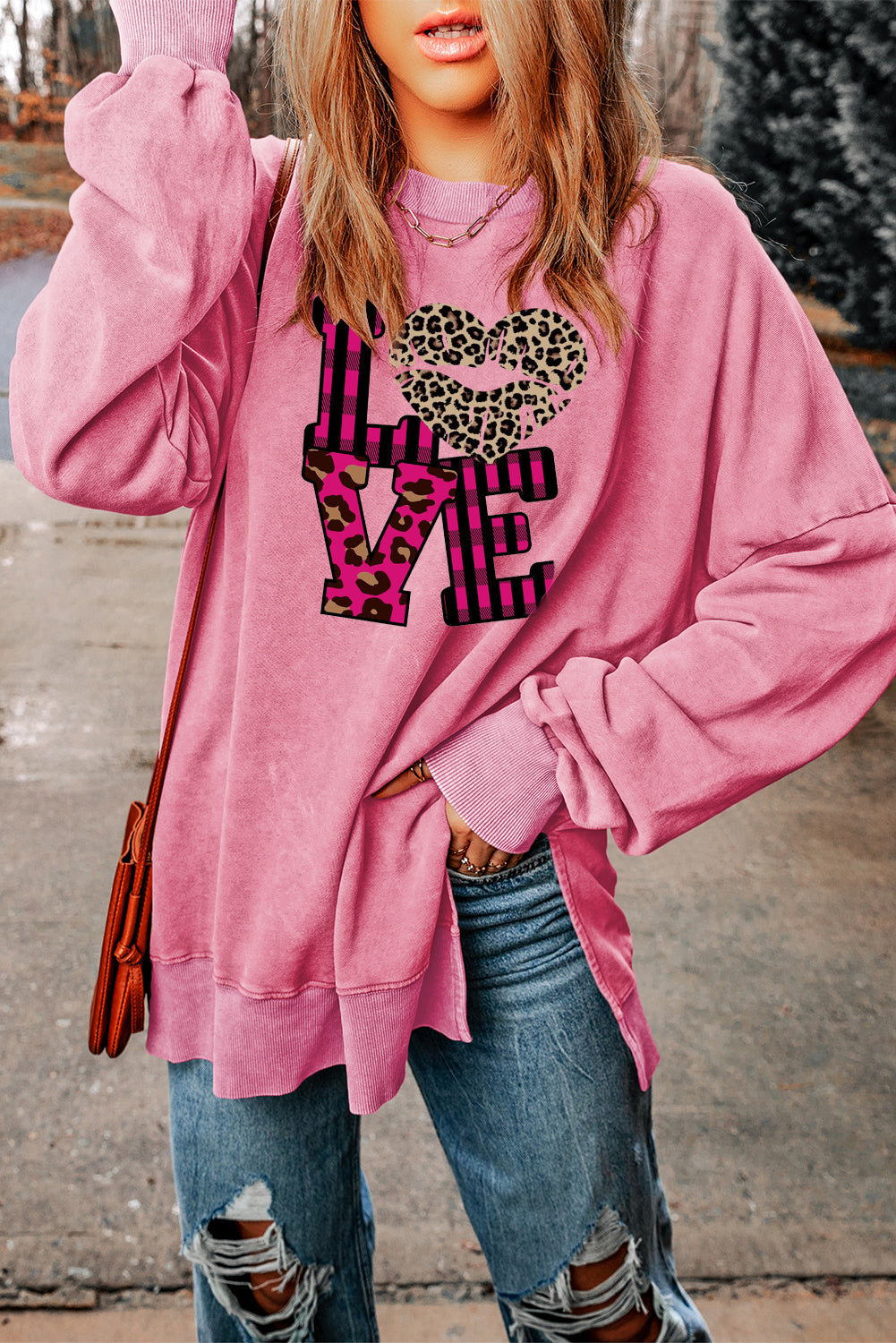 Leopard Print Patchwork Heart Lettering Drop Shoulder Ribbed Sweatshirt