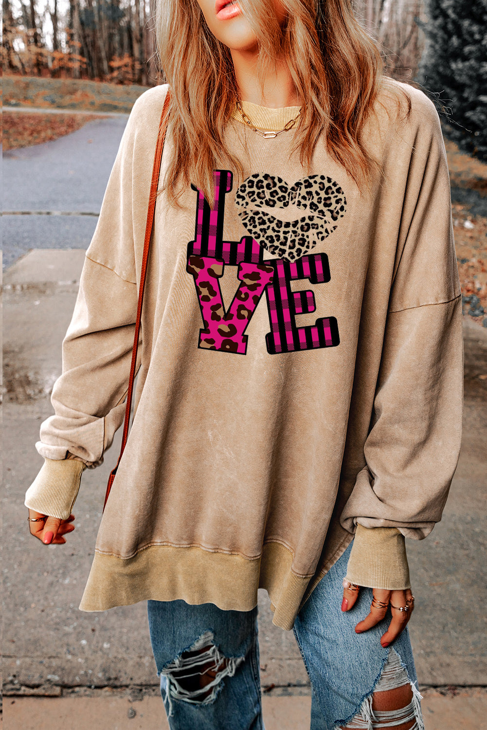 Leopard Print Patchwork Heart Lettering Drop Shoulder Ribbed Sweatshirt