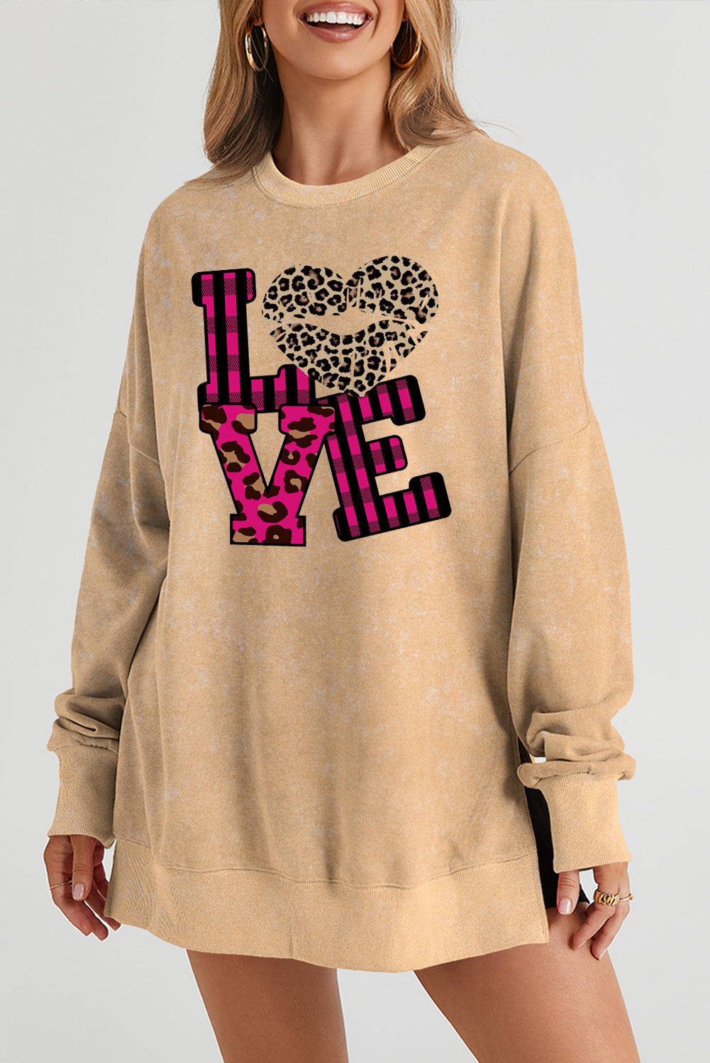 Leopard Print Patchwork Heart Lettering Drop Shoulder Ribbed Sweatshirt