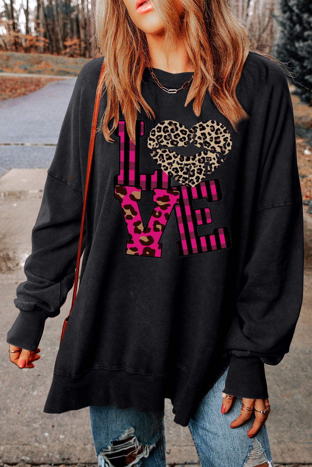 Leopard Print Patchwork Heart Lettering Drop Shoulder Ribbed Sweatshirt