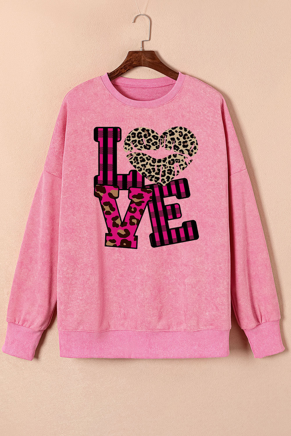 Leopard Print Patchwork Heart Lettering Drop Shoulder Ribbed Sweatshirt