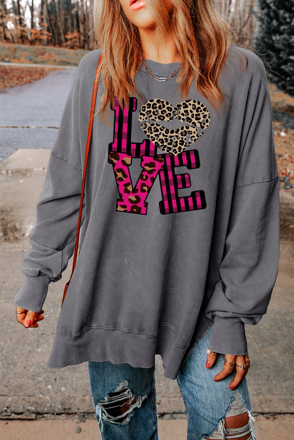 Leopard Print Patchwork Heart Lettering Drop Shoulder Ribbed Sweatshirt